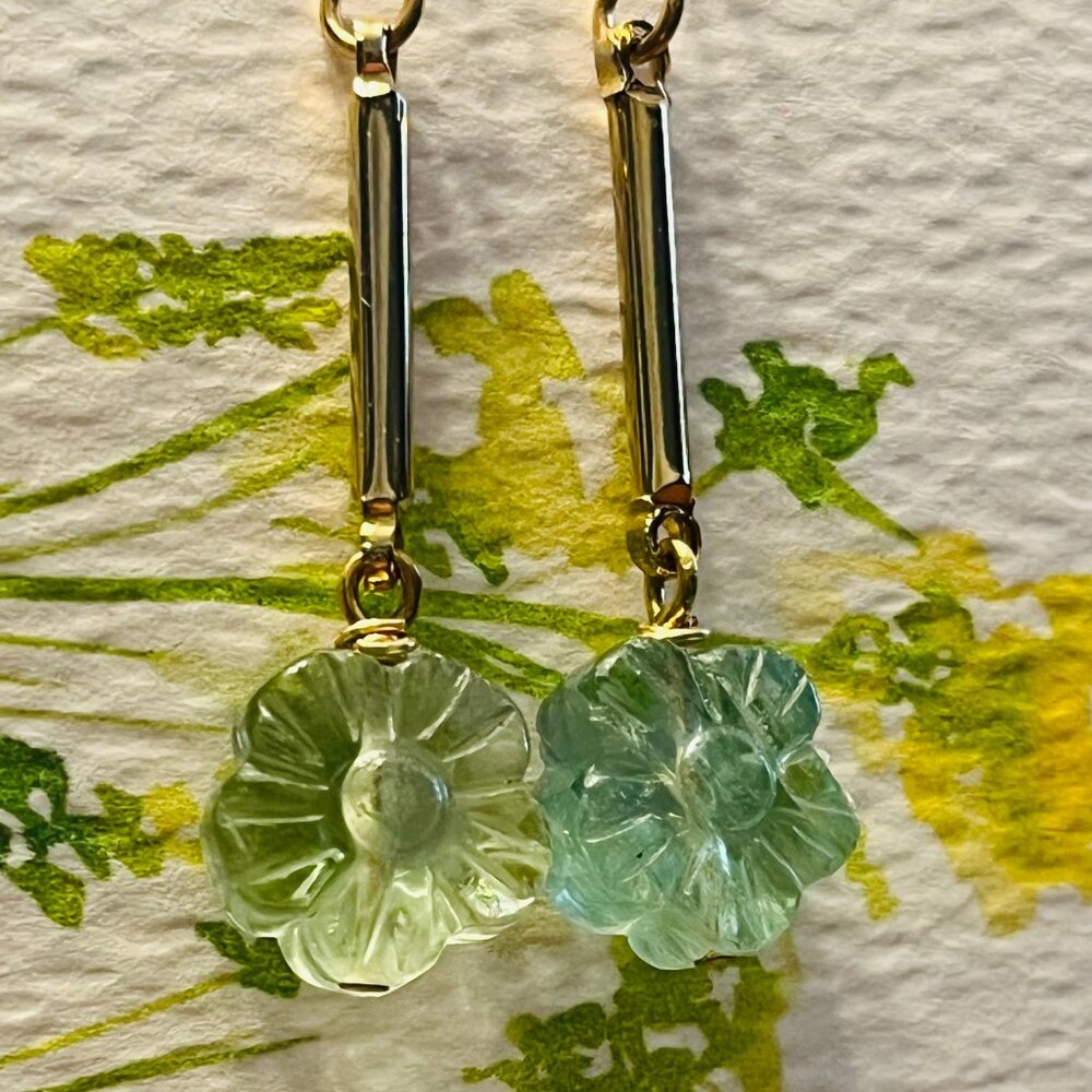 Fluorite Gemstone Flower Dangle Earrings | Light Mint Green Translucent